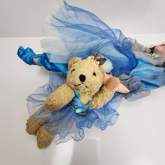 Sweet Ballerina with Teddy Bear 18" Dressed in Blue Satin & Tulle Porcelain Doll - Picture 8 of 14